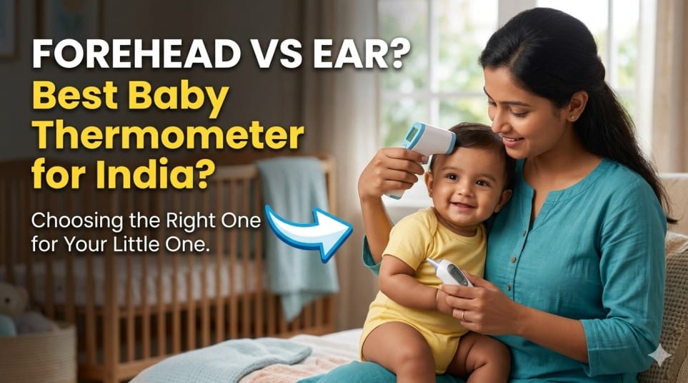 A smiling Indian woman holding a sleeping baby and demonstrating how to use an forehead vs ear thermometer baby device safely.