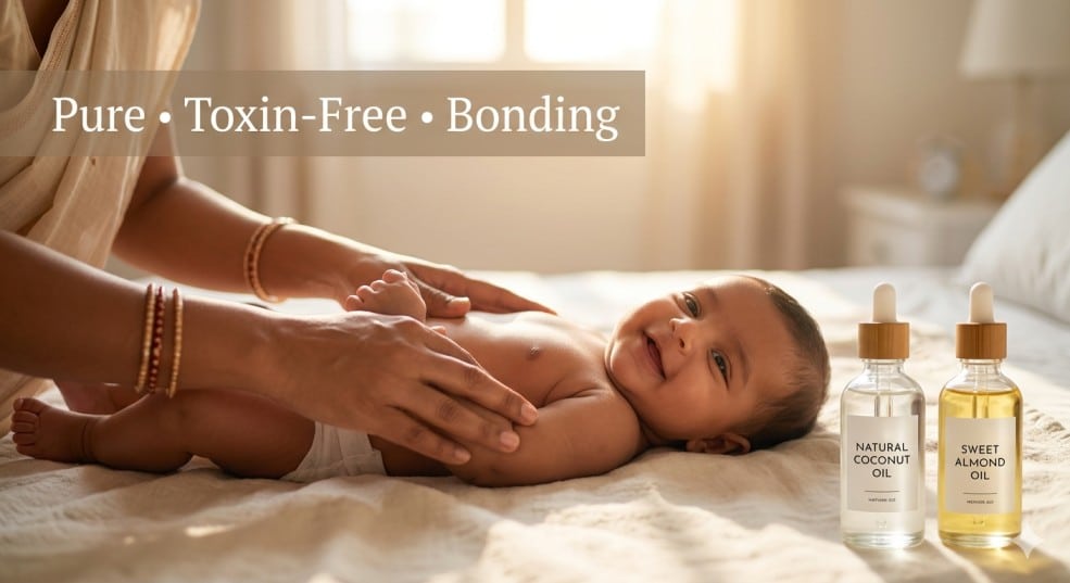 Best baby massage oil for newborns in India being used by a mother to massage her smiling infant in a bright, natural setting.