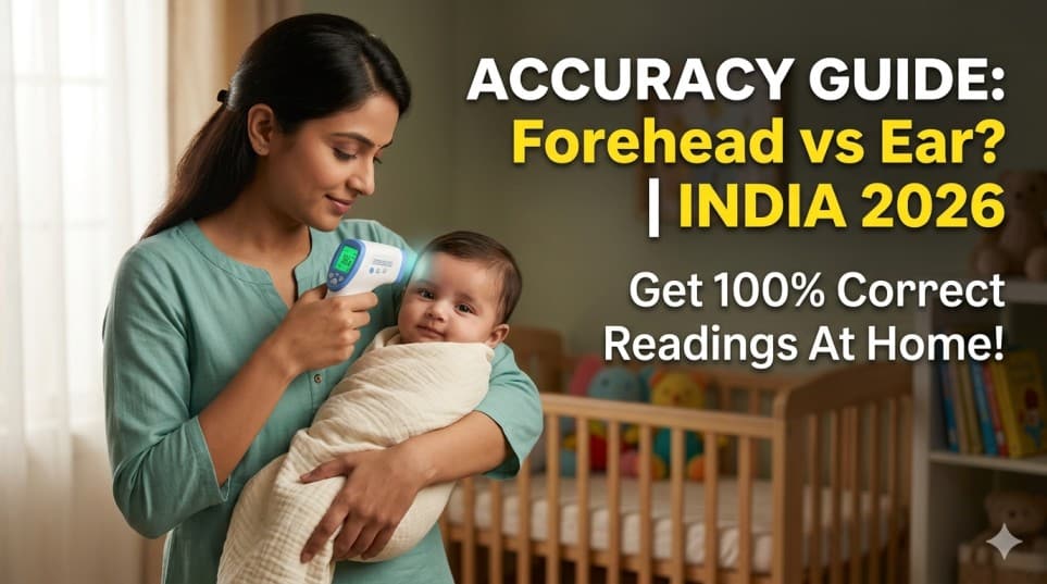 Indian mother checking sleeping baby's fever with a forehead thermometer; text reads Accuracy Guide Forehead vs Ear India 2026. best thermometer for newborn India